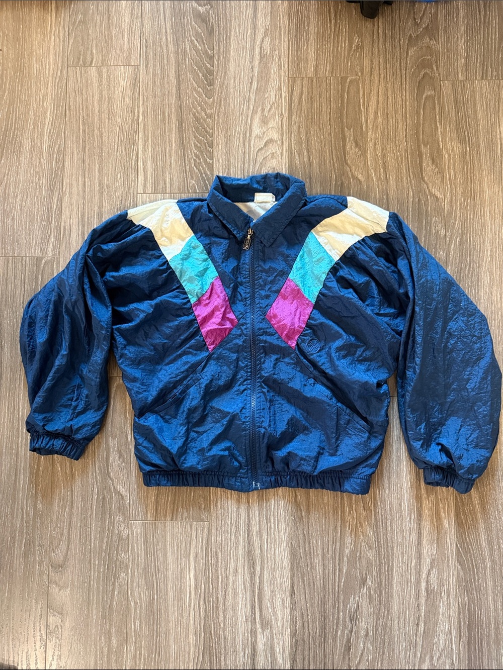 Sergio Tacchini 90s Vintage Navy Windbreaker Jacket with Pink & Teal